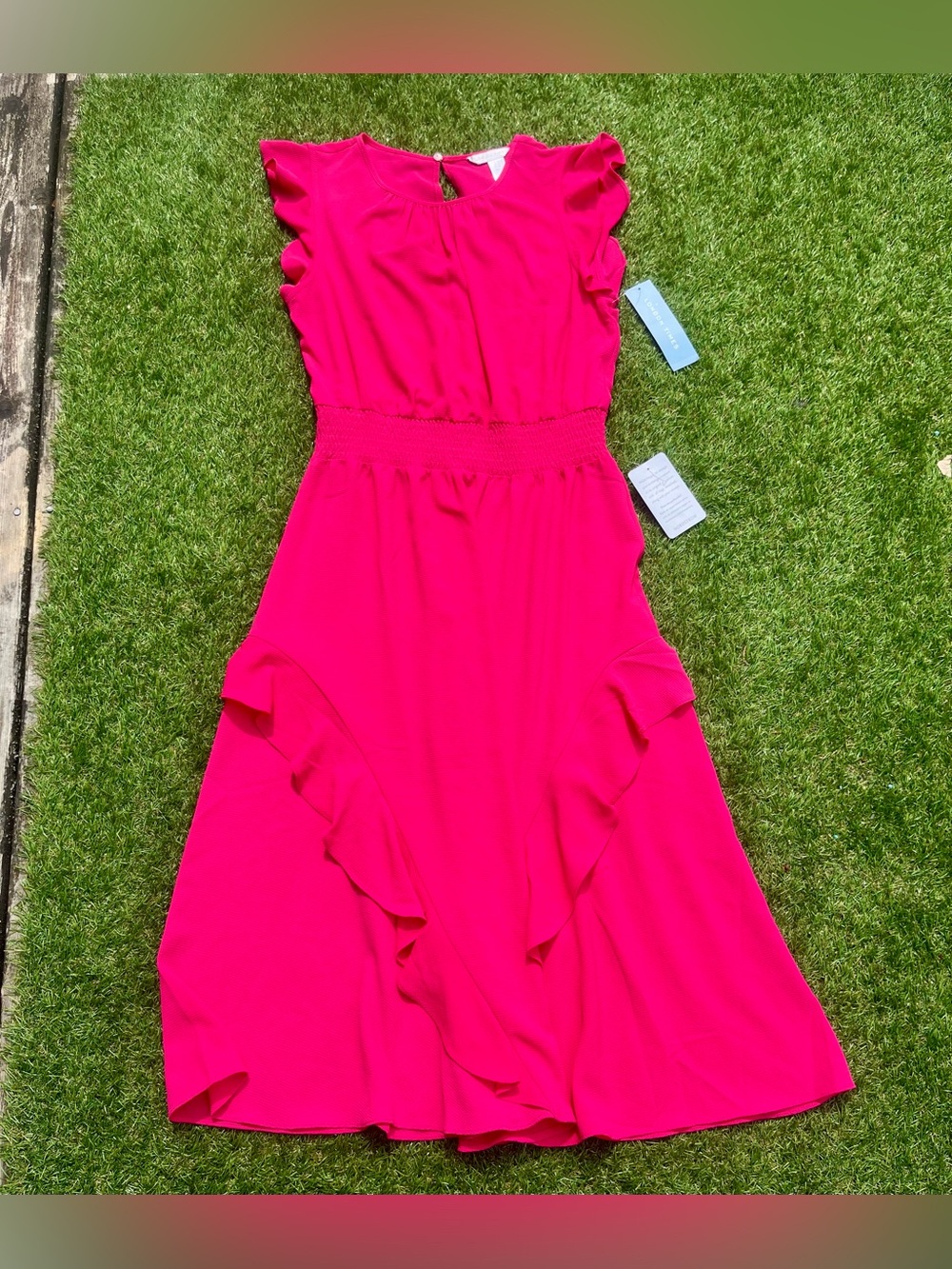 London Times Hot Pink Tiered Flutter Dress NWT